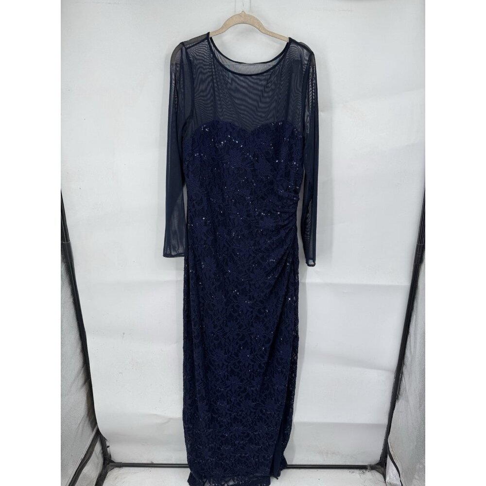 Lauren Ralph Lauren Maxi Dress Women 16 Blue Lace Sparkly Sequin Formal Cocktail